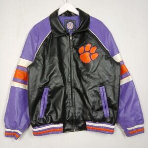 Clemson Tigers Varsity Jacket Mens Medium Black Purple Faux Leather Full Zip Paw